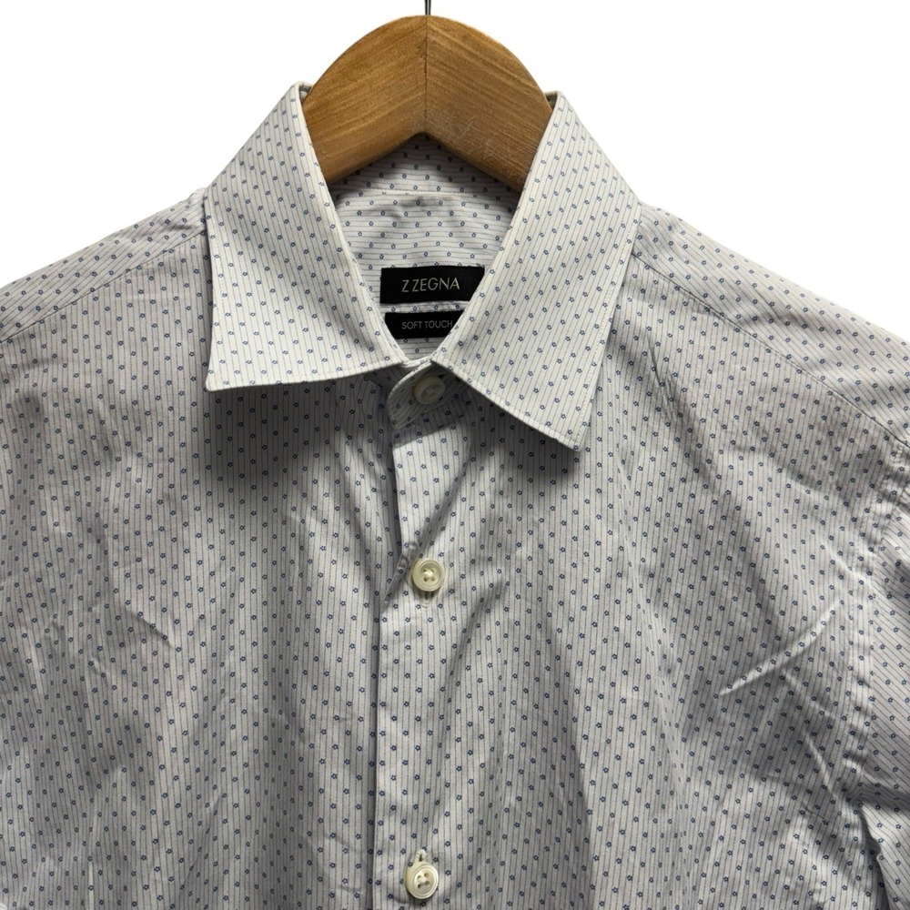 Z Zegna Men's Size 39/15.5 White/Blue Stars Button Front Soft Touch Dress‎ Shirt